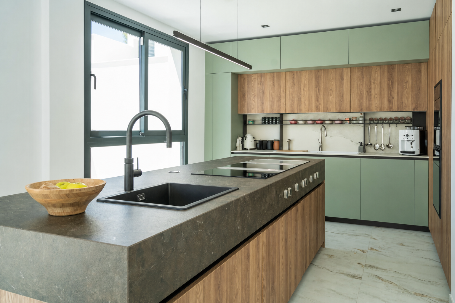 Modern kitchen with island and entry access