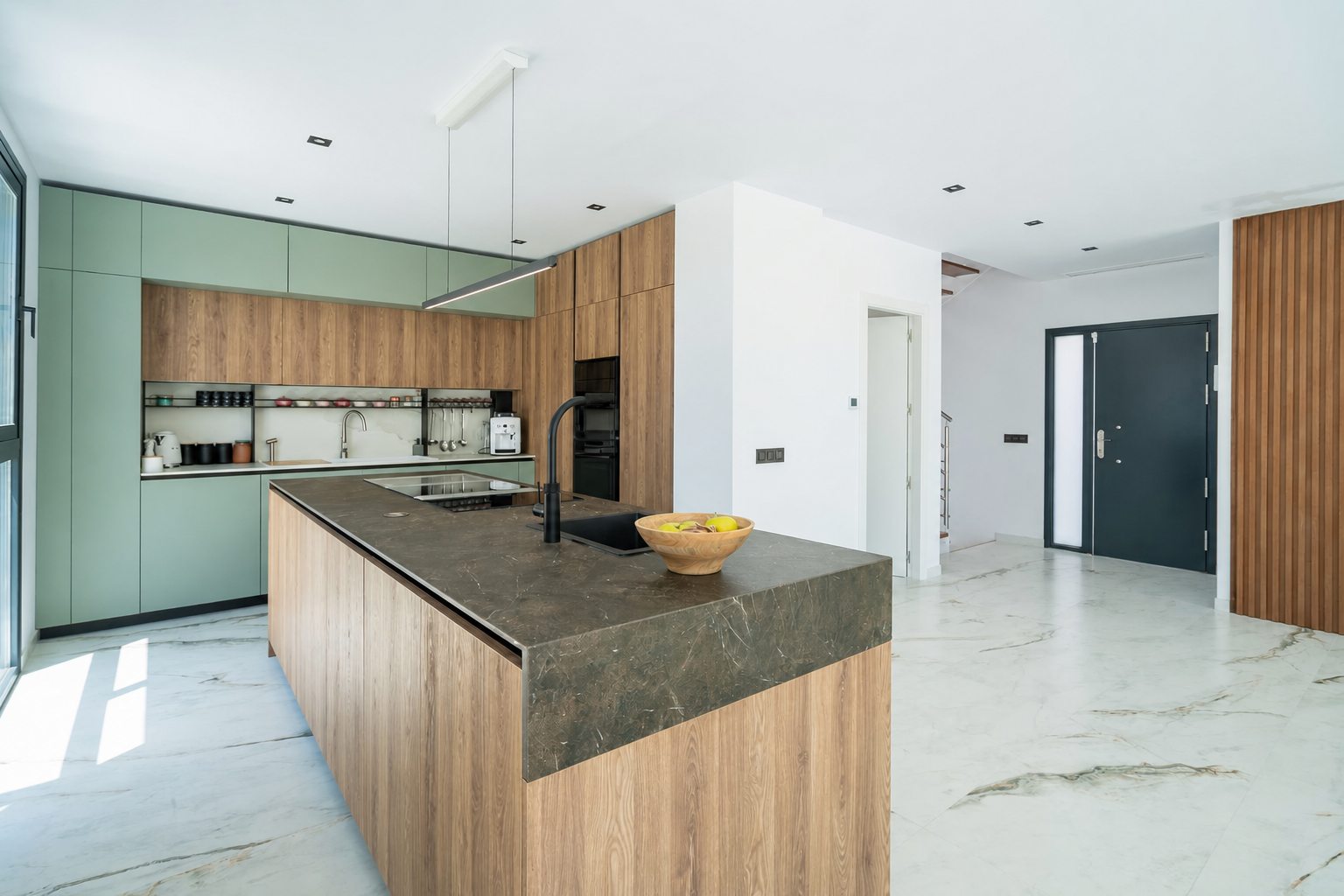 Open kitchen with island and dining area