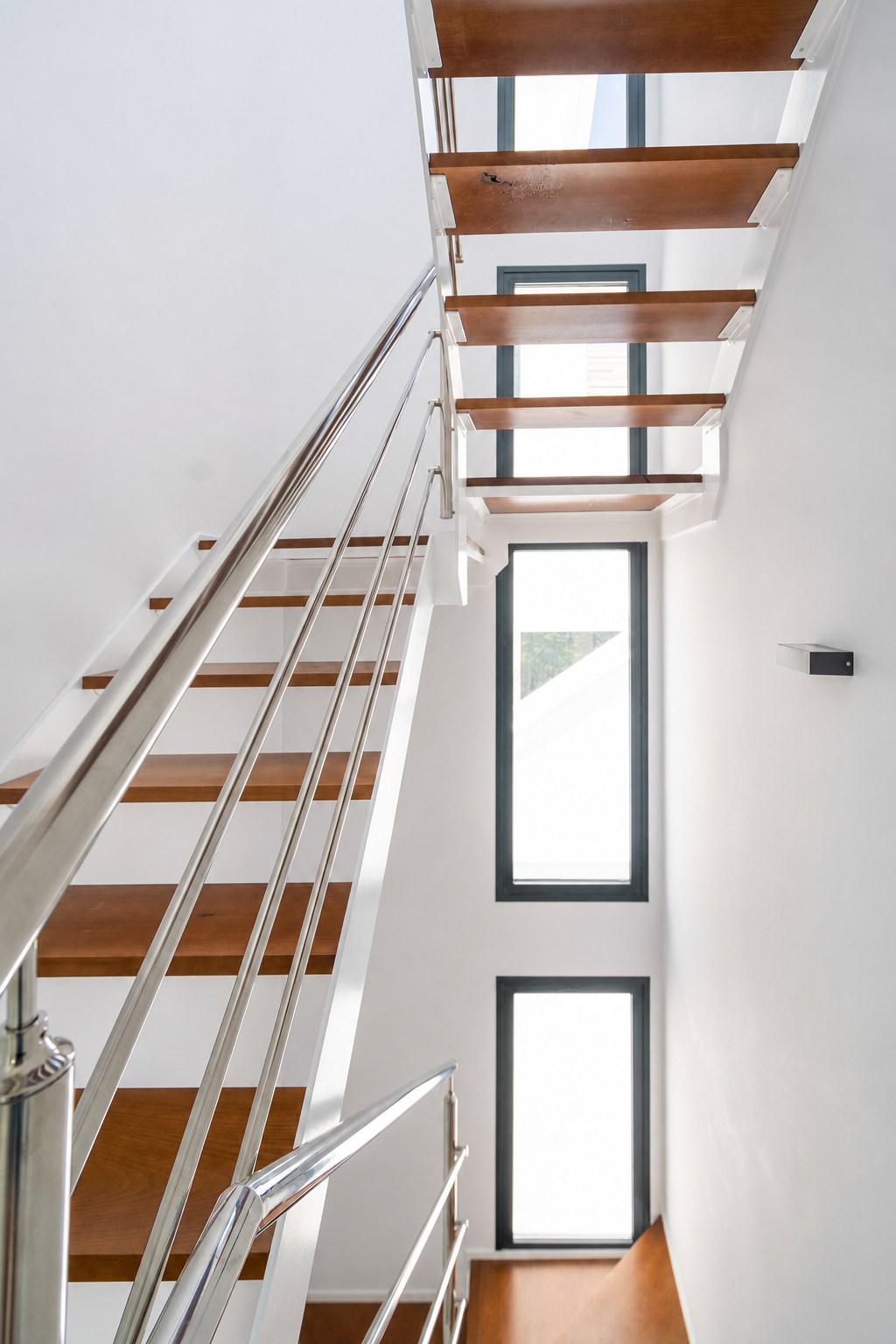 Interior staircase with wooden steps and metal railing