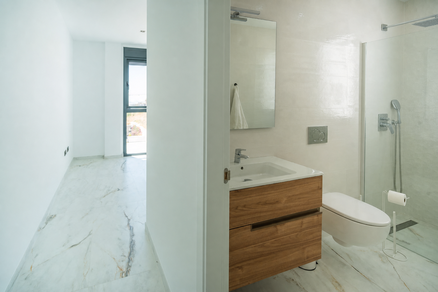 Modern bathroom with shower and wood sink vanity