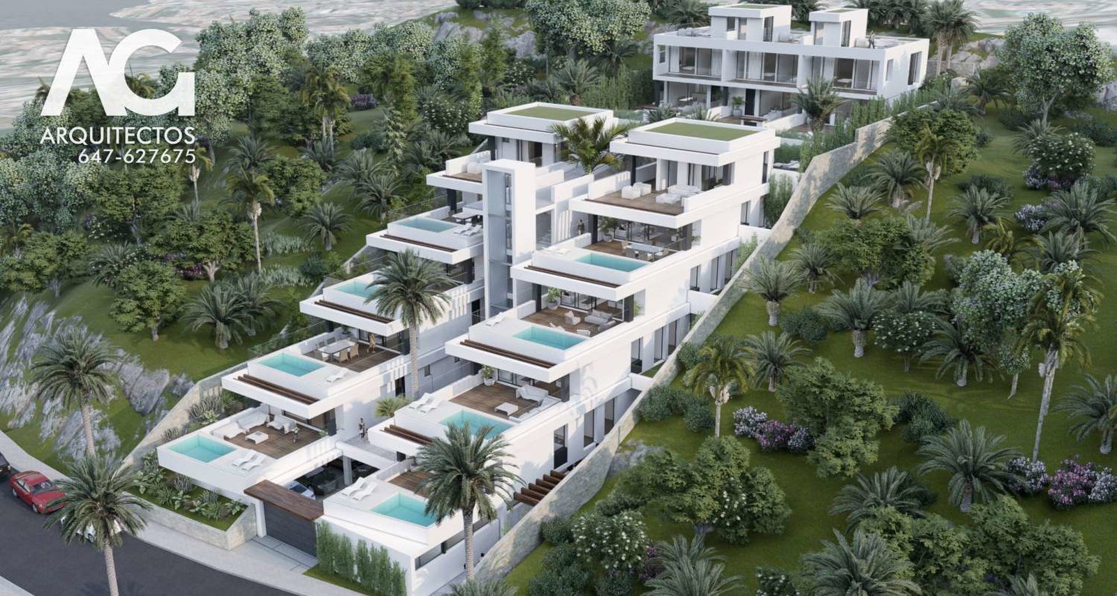 Aerial exterior render of residential complex with pools