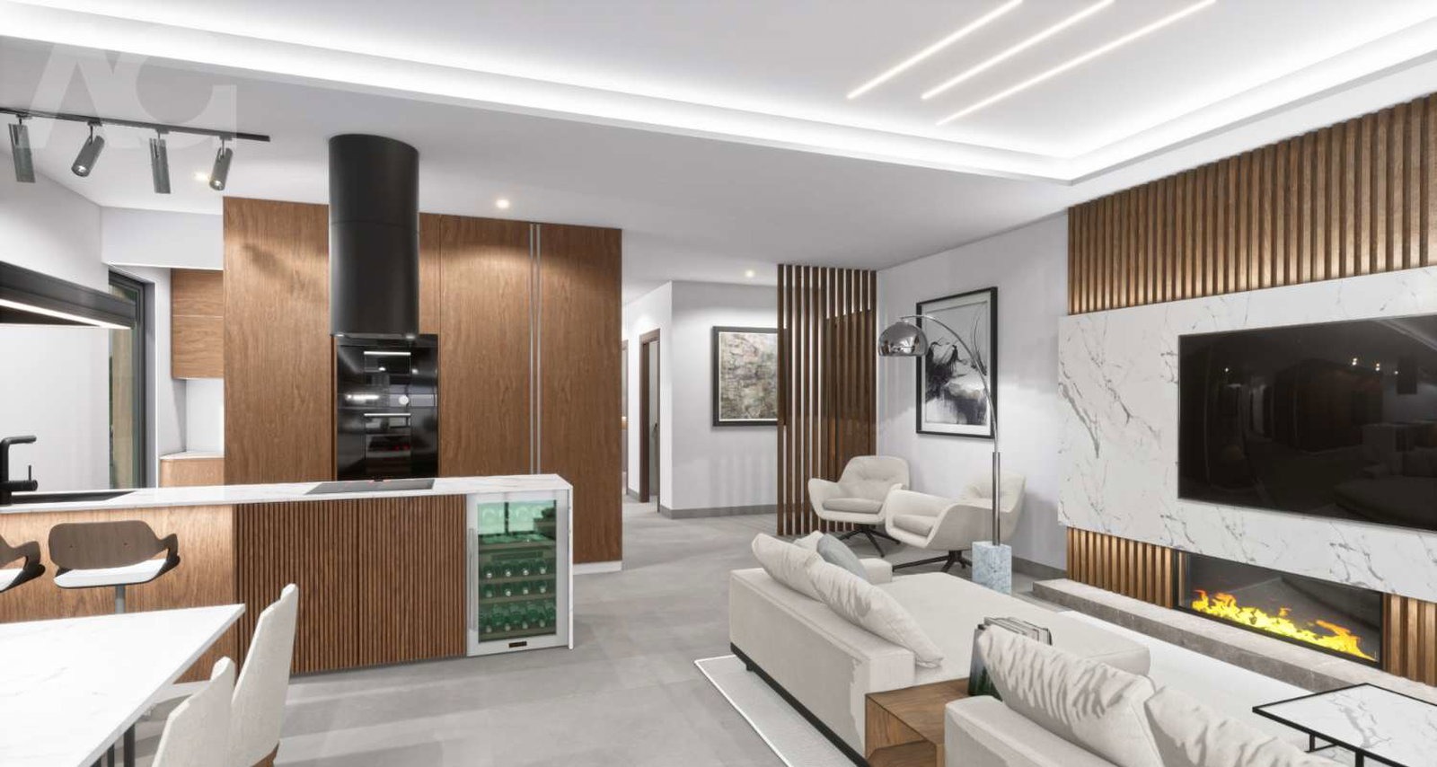 Open living room with modern kitchen and fireplace