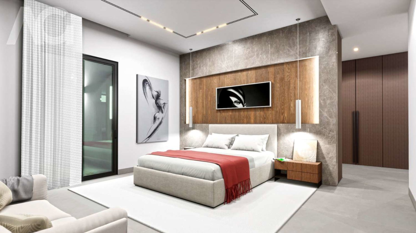 Modern master bedroom with built-in wardrobe