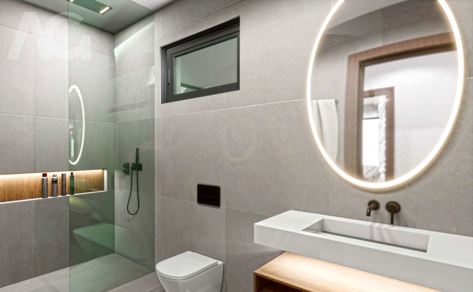 Modern bathroom with shower and illuminated mirror