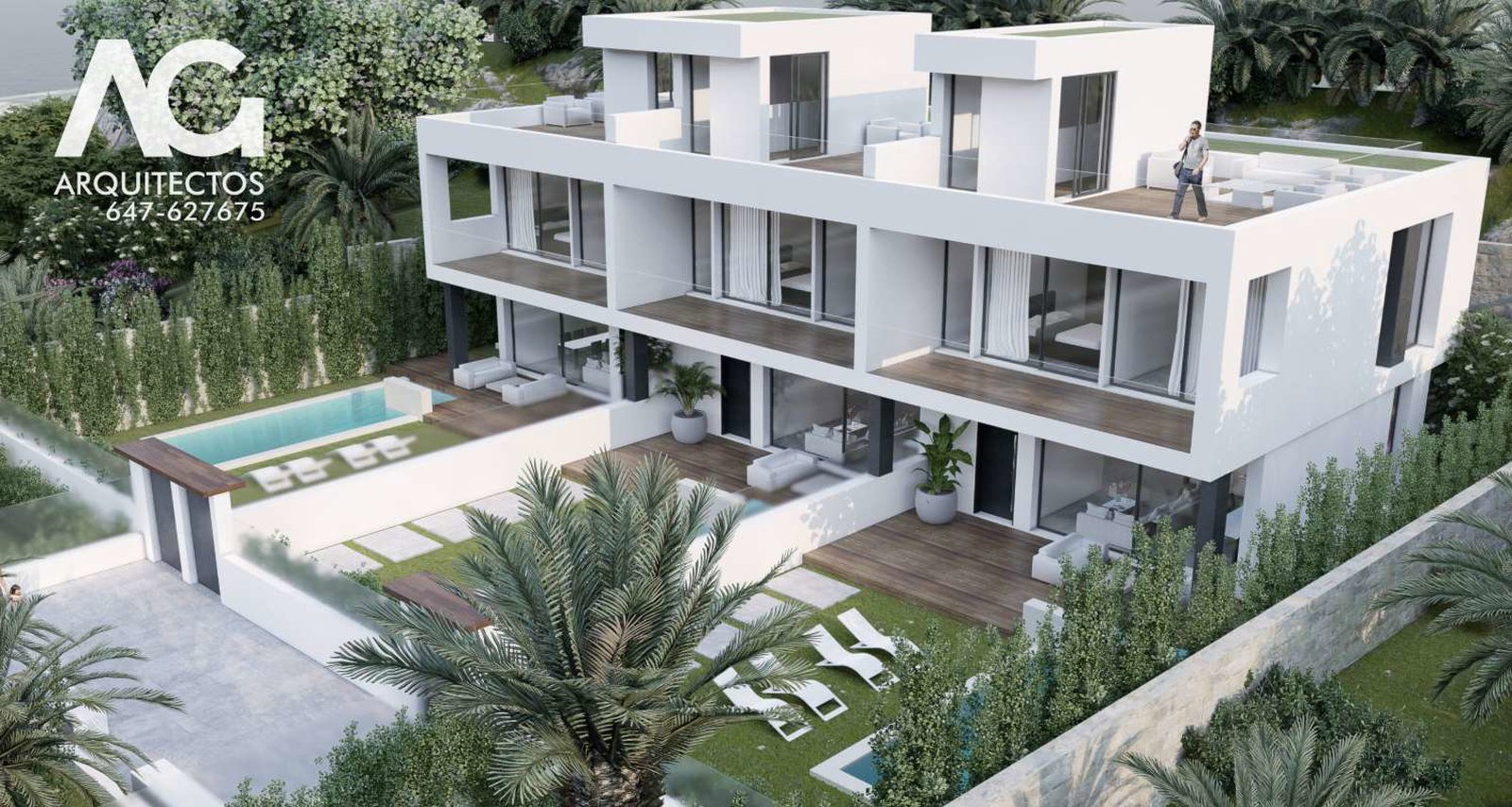 Exterior render of modern house with garden and pool