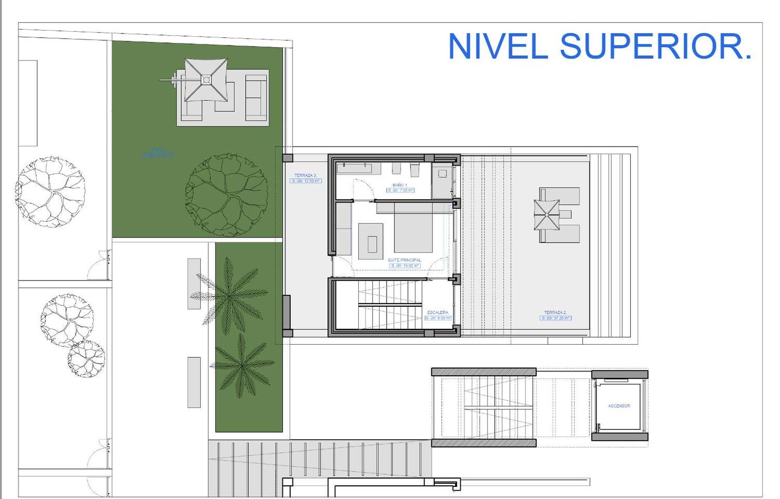 Architectural floor plan of upper level with terrace