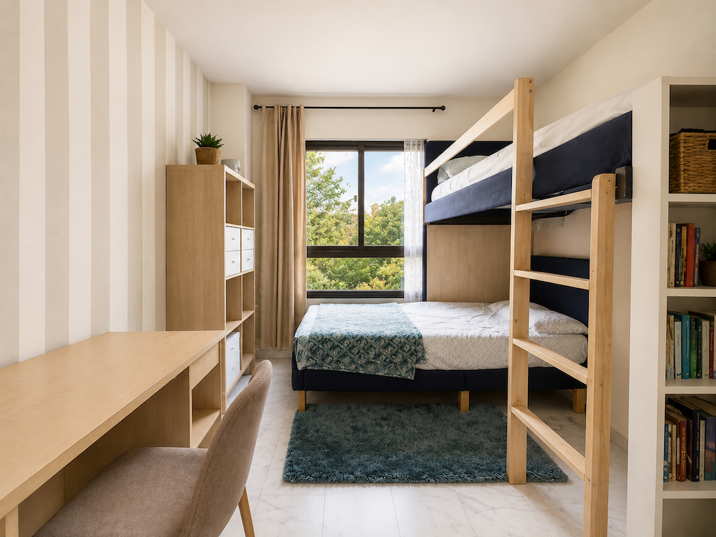 Bedroom with bunk bed, desk and exterior window
