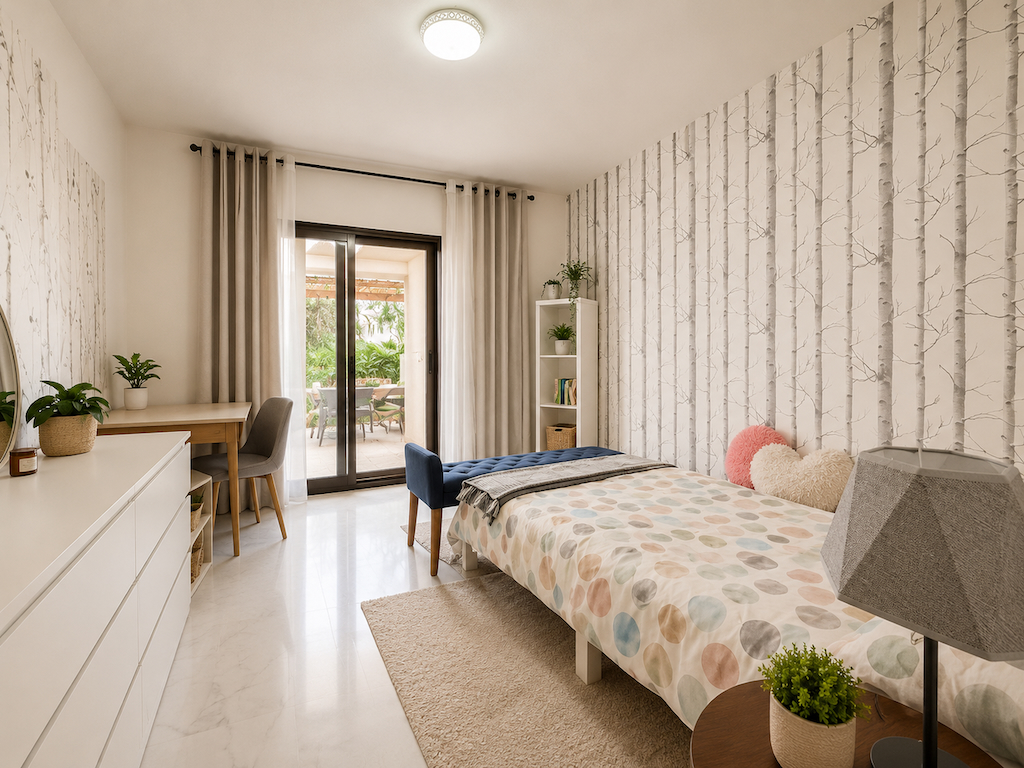 Main bedroom with single bed and terrace access