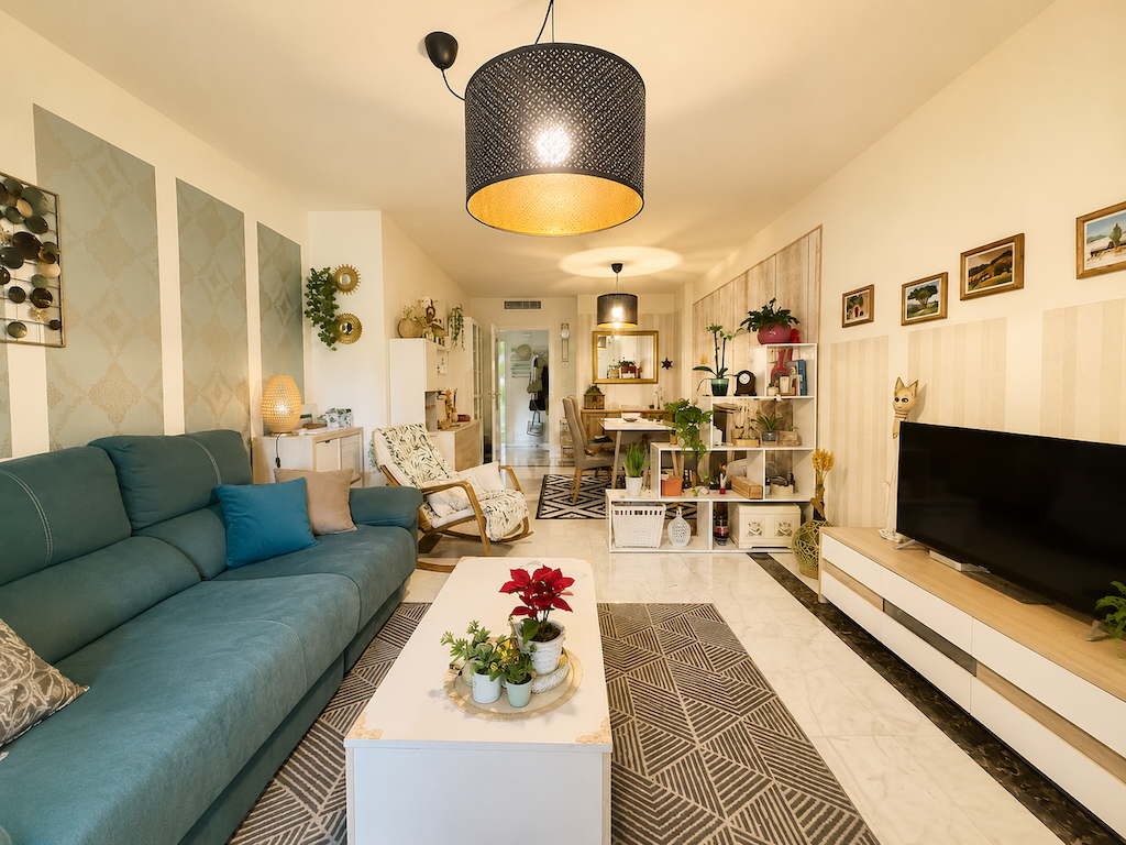 Spacious living room with sofa and dining area