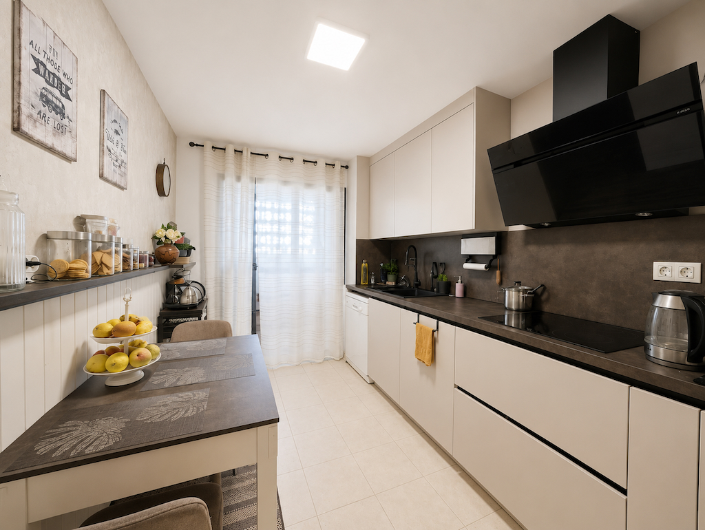Narrow kitchen with small table and appliances