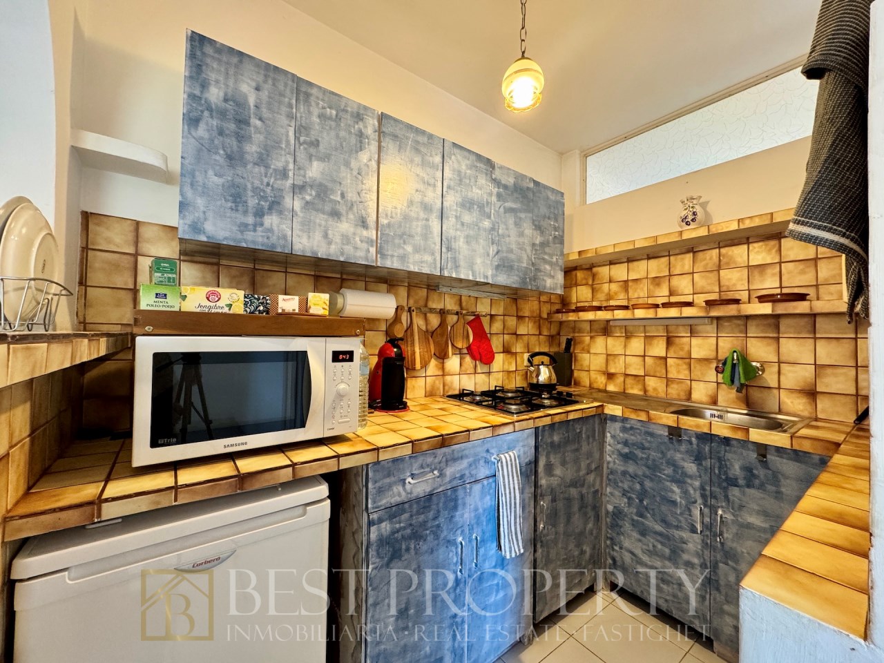 Compact kitchen with rustic tiles and microwave