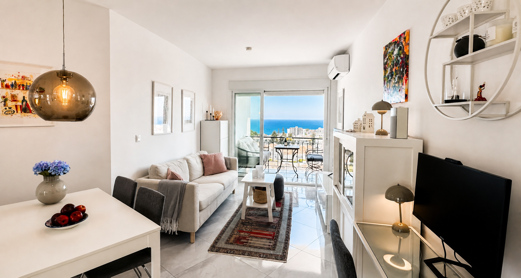 Living room with sofa, dining area and terrace
