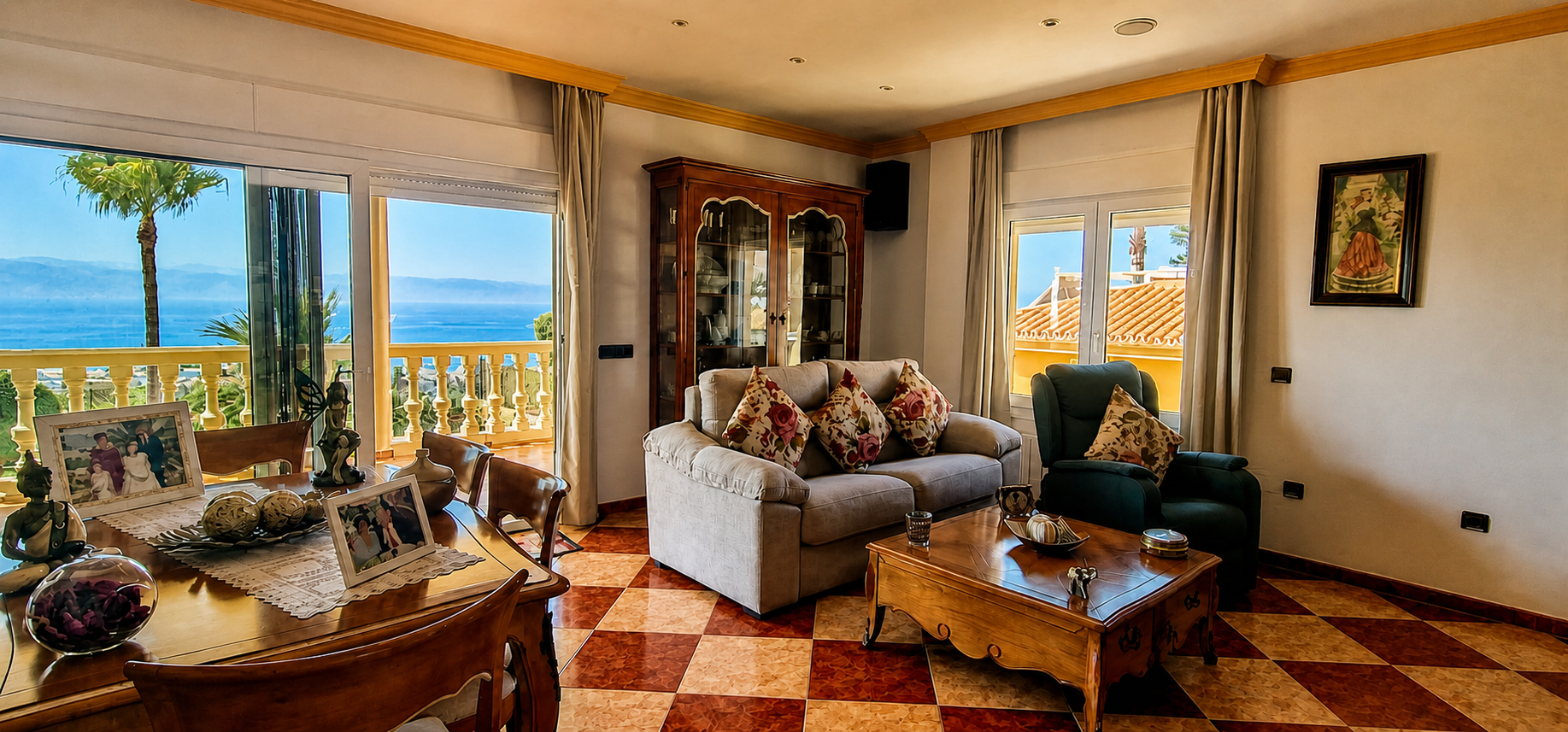 Living room with large windows and sea views