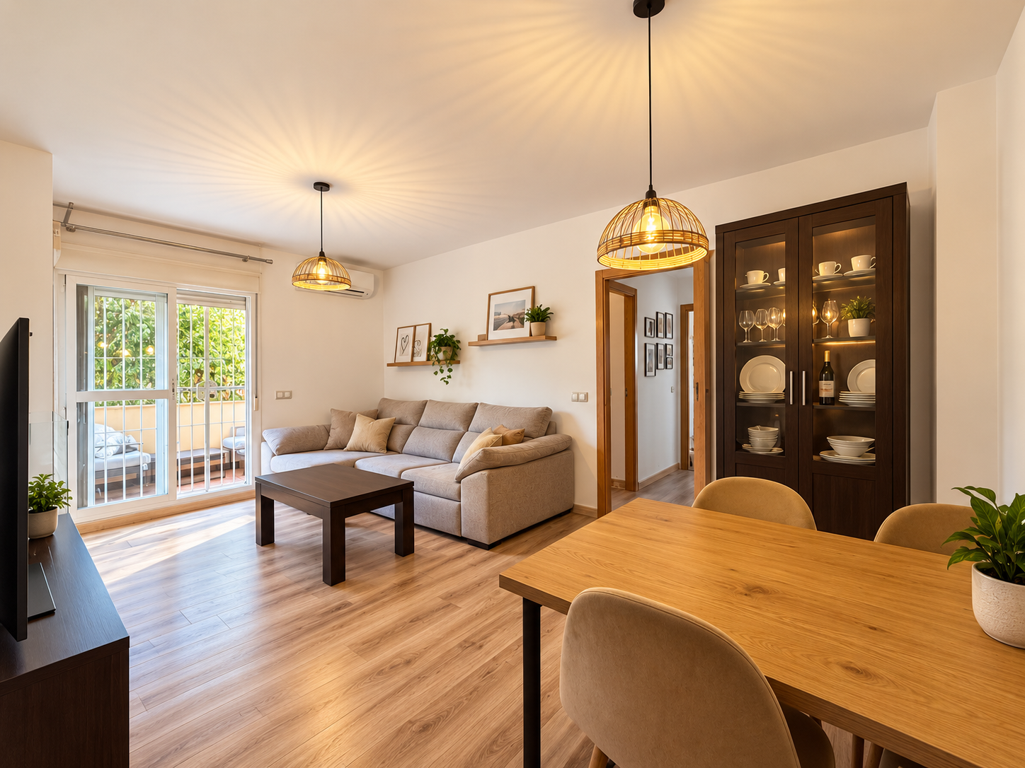 Living-dining room with sofa, table and display cabinet