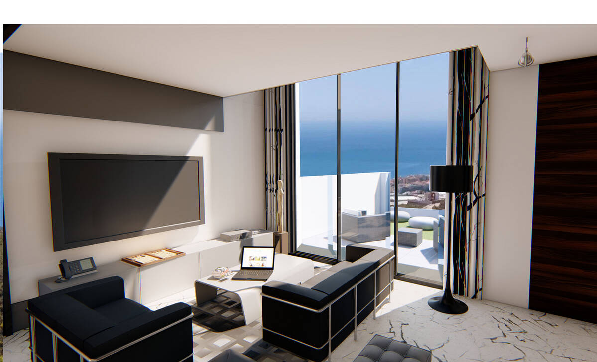 Elegant living room with TV and terrace access