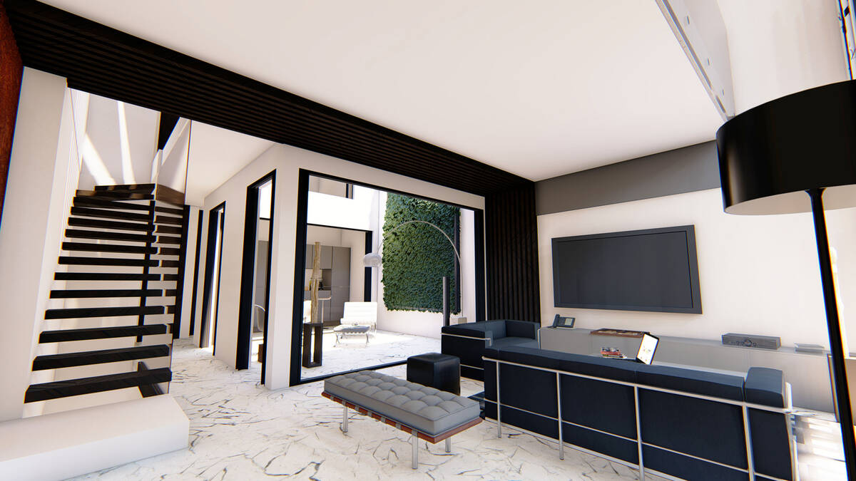Modern living room with staircase and patio access