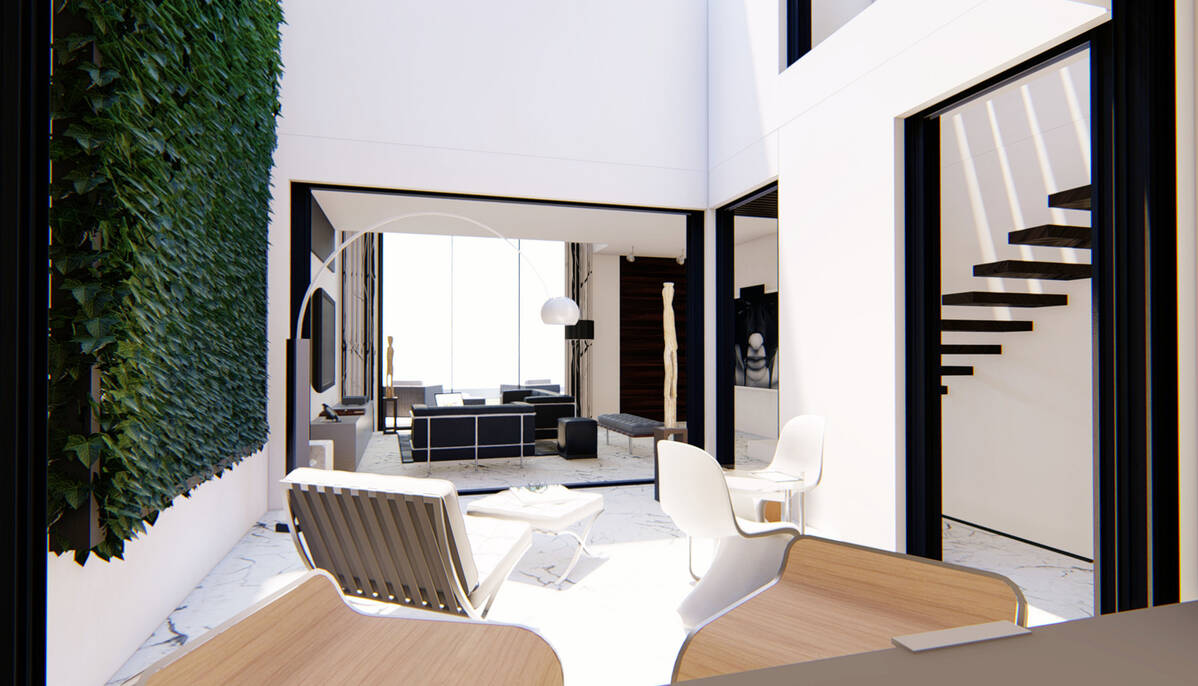 Inner patio with outdoor furniture and staircase