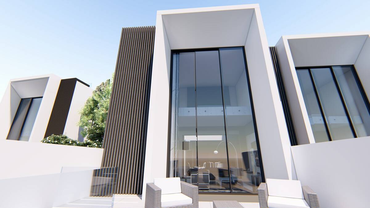 Front terrace with armchairs and double-height window