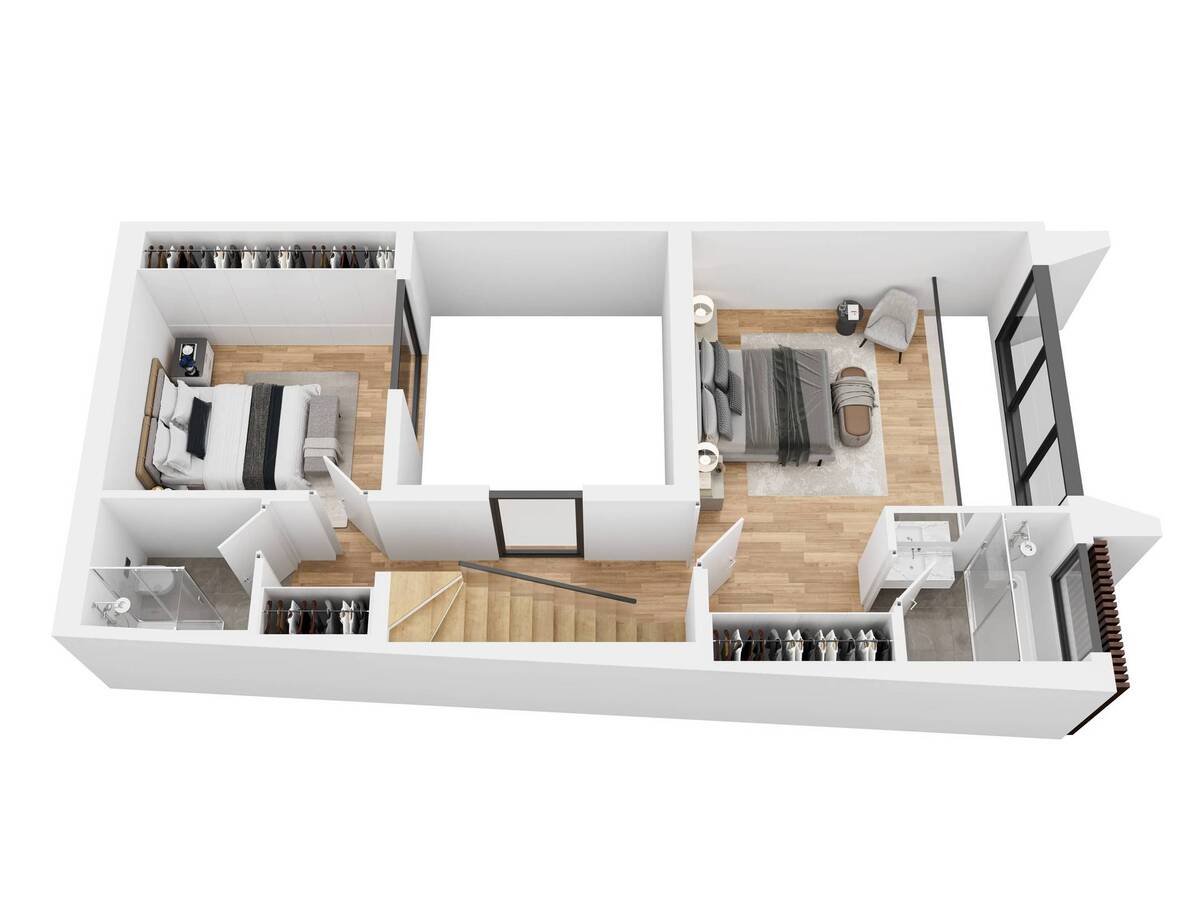 Floor plan of the level with bedrooms and bathrooms