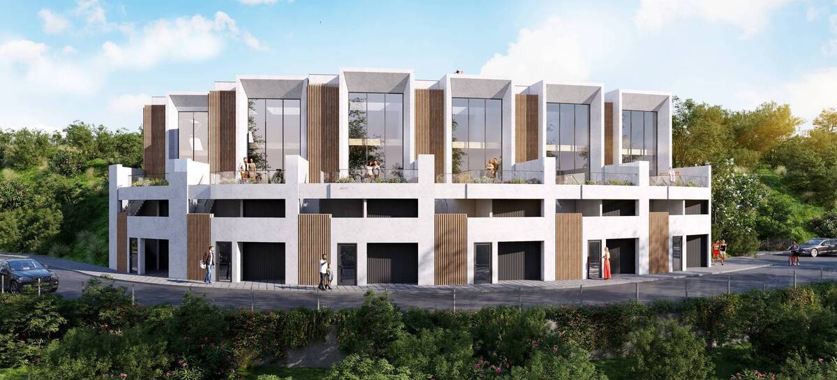 Modern townhouse facade with large windows