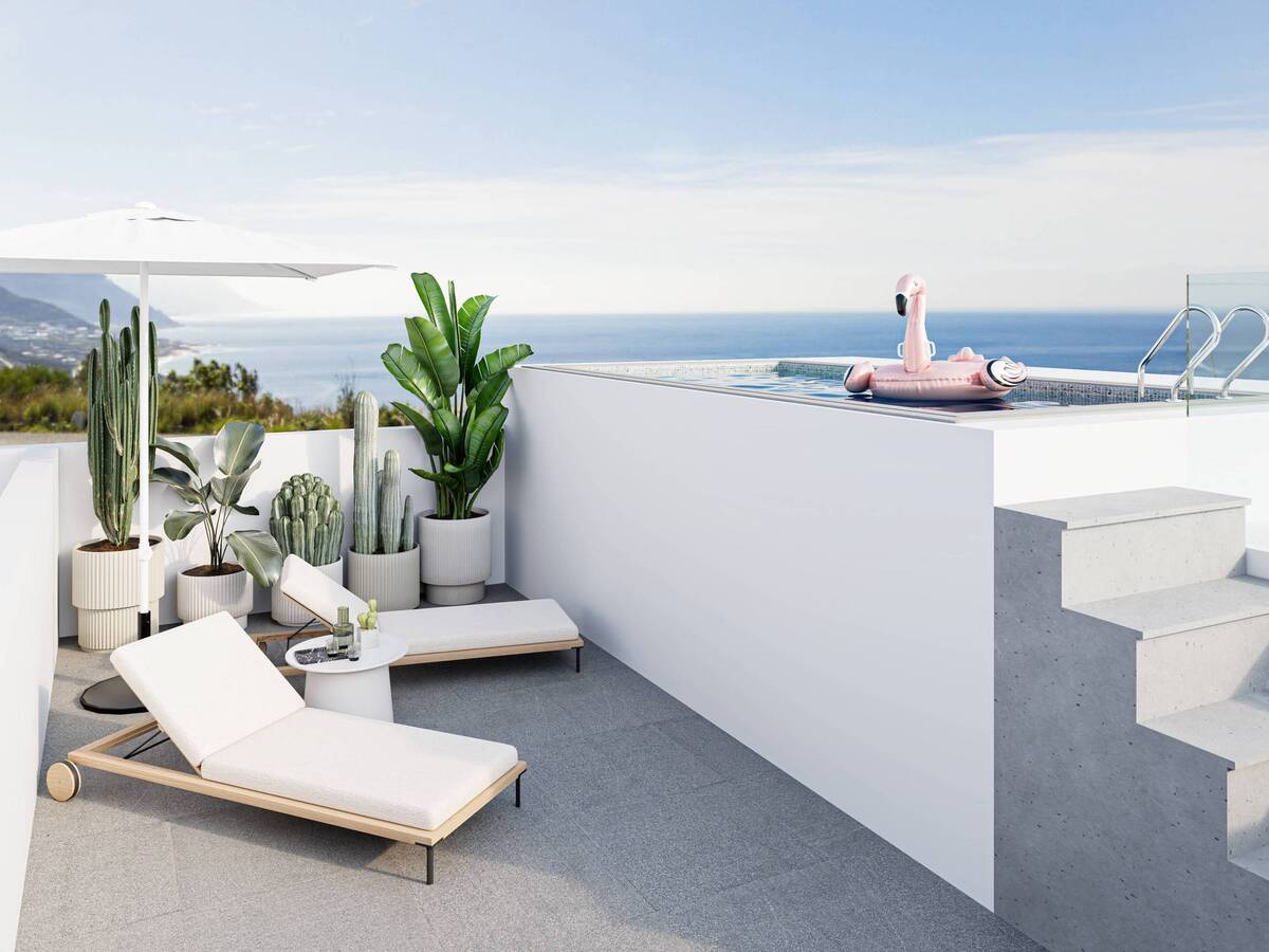 Rooftop with sun lounger, plants and small pool