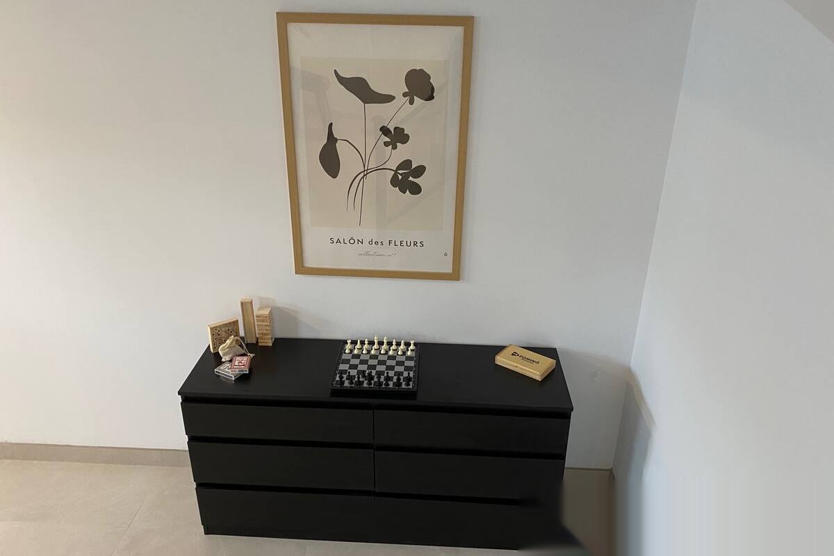 Play area with decorative cabinet and cards