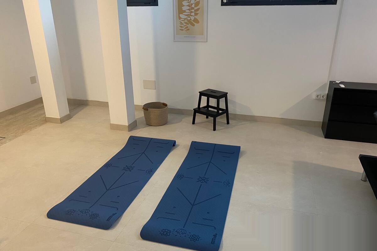 Indoor space with exercise mats